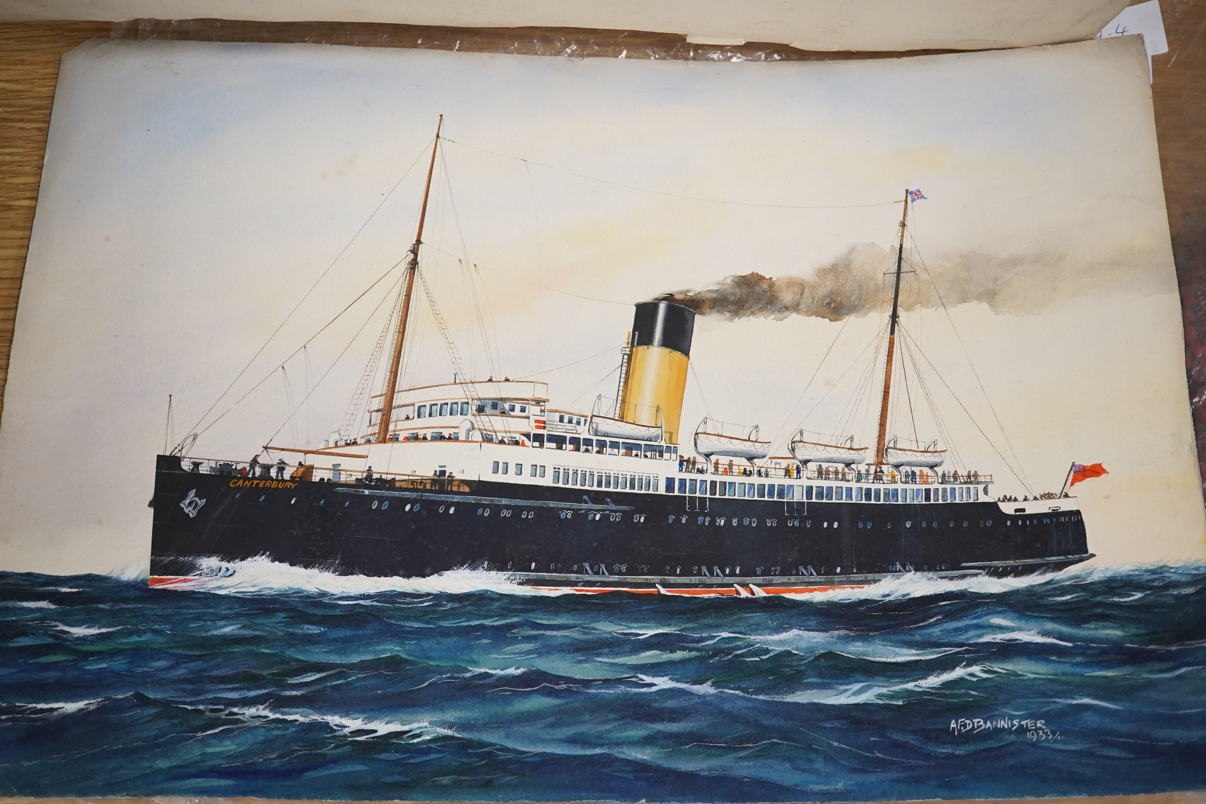 A F D Bannister, five original gouaches on card for postcards, Cross Channel Ferry Steamers, T.S Amsterdam, T.S Brighton, T.S Isle of Jersey, T.S Isle of Sark, each signed, some dated 1933, 31 x 45cm, unframed. Condition